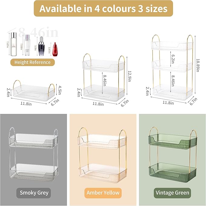 YCIA&DONE Bathroom Organizer Countertop, Makeup Storage, Skincare Cosmetic Tray Shelf, Perfume Holder Rack for Vanity Counter, Large Capacity, Easy to Install, Clean, 2 Tiers, Clear White