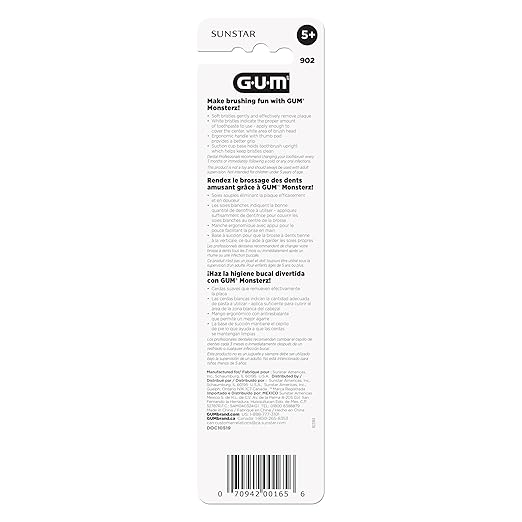 GUM Monsterz Jr Kids’ Toothbrush, Soft Bristled Children’s Toothbrush with Suction Cup, for Ages 5+, 2 Count(Pack of 6)