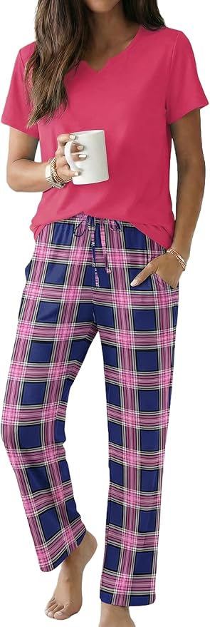 Ekouaer 2 Piece Womens Pajamas V Neck Short Sleeve Top and Long Pants Pjs Print Lounge Set Sleepwear
