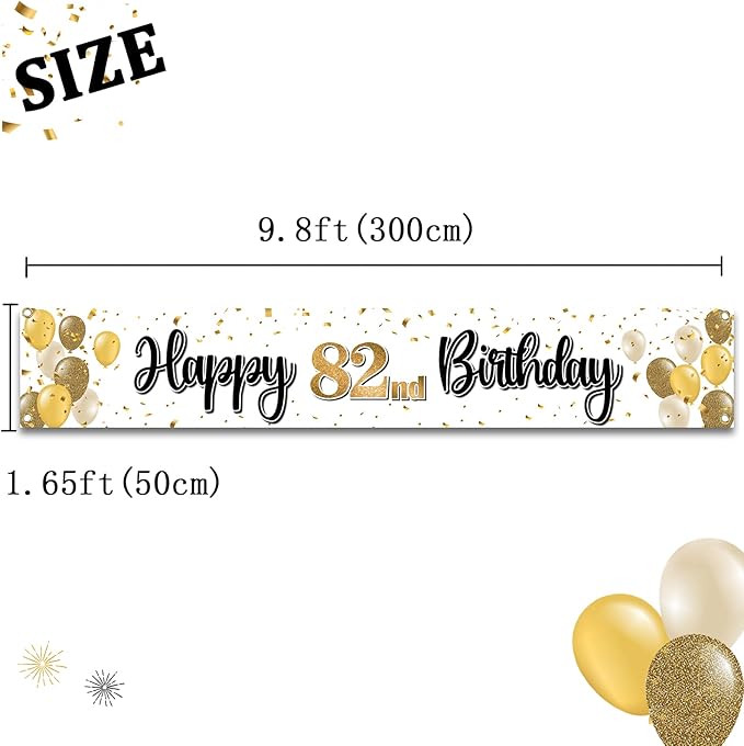 Happy 82nd Birthday Decorations,82nd Gold Balloon Large Birthday Hanging Banner Sign - Cheers to 82 Years Old Bday Party Supplies.