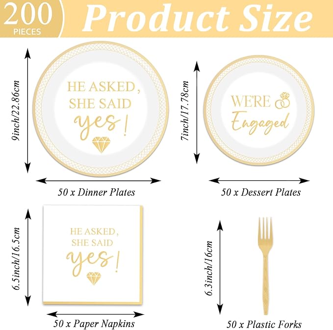 200Pcs Happy Engagement Party Supplies Engagement Paper Plates Napkins She Said Yes Party Tableware Set She Said Yes Disposable Dinnerware for Wedding Birthday Bridal Shower Decoration Serve 50