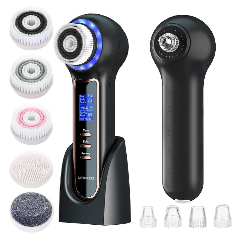 UMICKOO Face Scrubber Exfoliator,Facial Cleansing Brush Waterproof with LCD Screen,Blackhead Remover Vacuum with 5 Brush Heads,Face Spin Brush for Exfoliating (White-Blue)