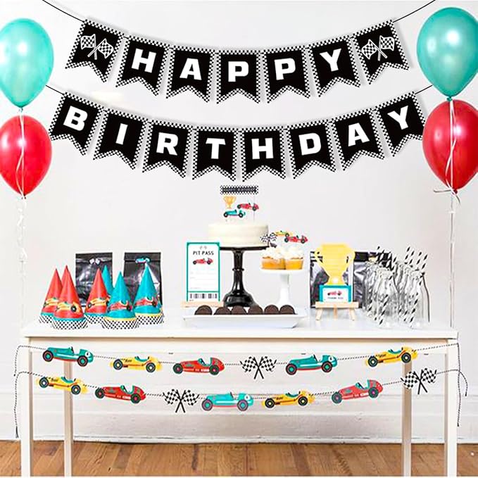 Race Car Happy Birthday Banner Race Car Birthday Party Decorations Black and White Checkered Flag Banner Racing Themed Checkered Flag Party Supplies for Boys