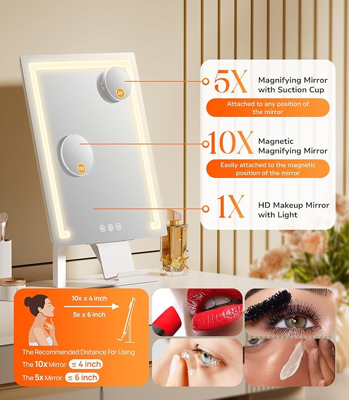 Gospire Lighted Makeup Mirror, Hollywood 4000mAh Rechargeable Vanity Mirror with 5X/10X Magnification, 3-Color Dimmable Lighting, Touch Control, Phone Holder, 11”x16.8” LED Tabletop Mirror for Bedroom