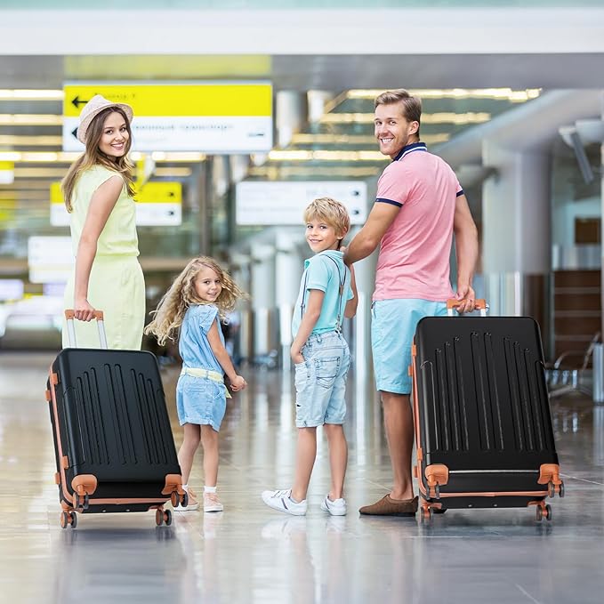 Karl home 24in Checked Luggage with TSA Lock, ABS Hardshell Check-in Suitcase with Spinner Wheels, Durable Medium Suitcase Rolling Luggage for Business Travel, Black & Brown