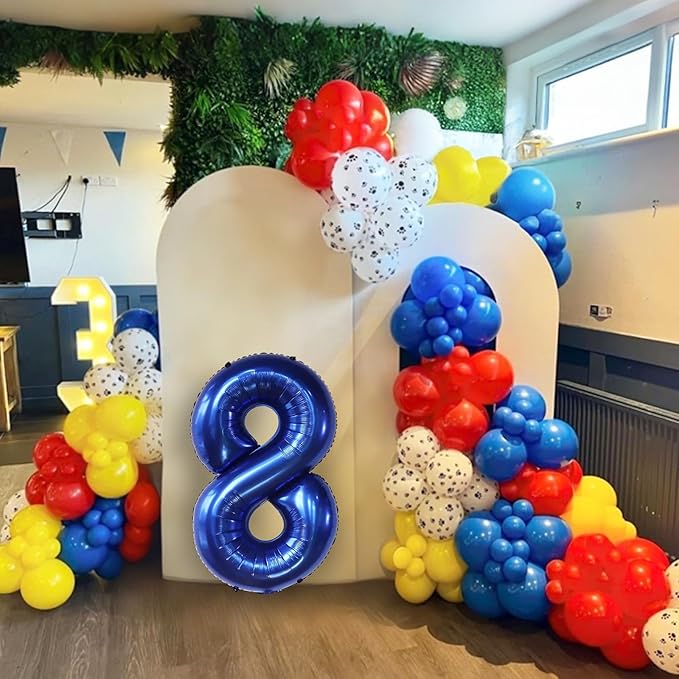 8th Birthday Decorations Boy, Dog Paw Eight Years Old Party Arch with Red Blue Yellow Long Latex Balloons 40 inch Number 8 Balloon and Star Foil for Paw Birthday Party Supplies