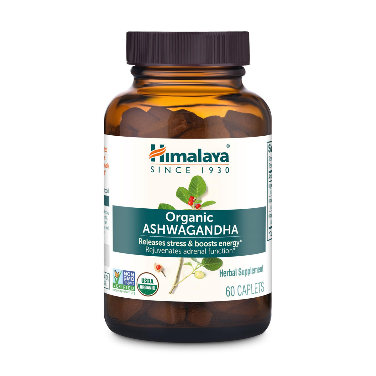 Himalaya Organic Ashwagandha Root, 60 Day Supply - Herbal Adrenal Support Supplements for Stress Relief and Energy Support - USDA Organic, Non-GMO, Vegan, Gluten Free, No Additives, 670 mg, 60 Caplets