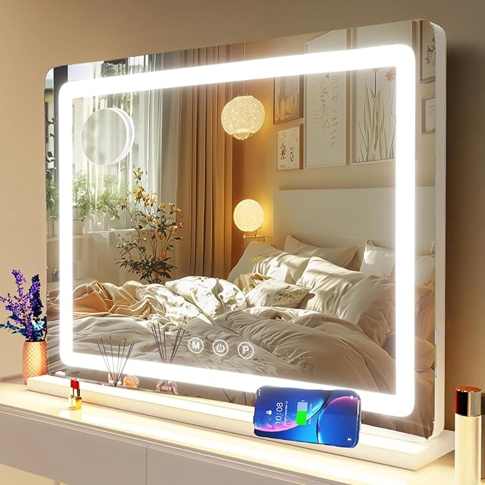Makeup Vanity Mirror with USB Charging Port 28" x 22" Large LED Makeup Mirror, Desk Mirorr with Lights, Light up Mirror with 10X Magnification and, Dimmable 3 Modes, Touch Control White