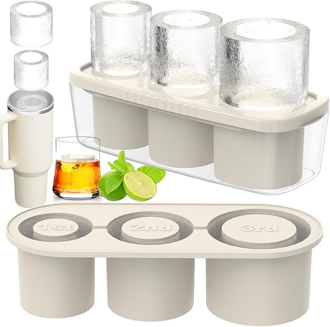 Ice Cube Tray for Tumbler Cup 30Oz-40Oz, 3 Pcs Silicone Cylinder Ice Mold with Lid and Bin for Freezer, Easy Fill and Release Ice Maker for Whiskey, Cocktail BPA-Free (White, 40Oz-Type1)