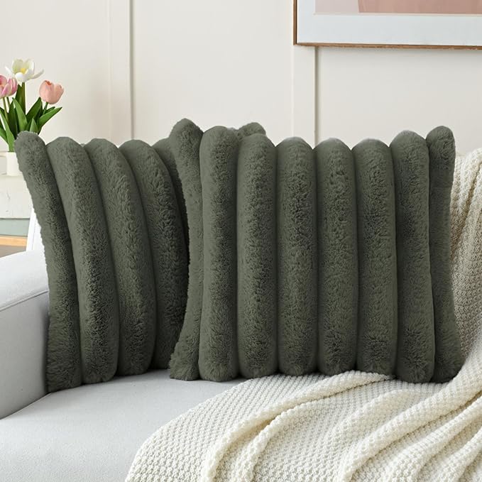 FUTEI Olive Green Decorative Throw Pillow Covers 26x26 Inch Set of 2, Square Soft Faux Rabbit Fur Big Striped Pillow Sham,Home Decor for Couch Sofa Bed Living Room