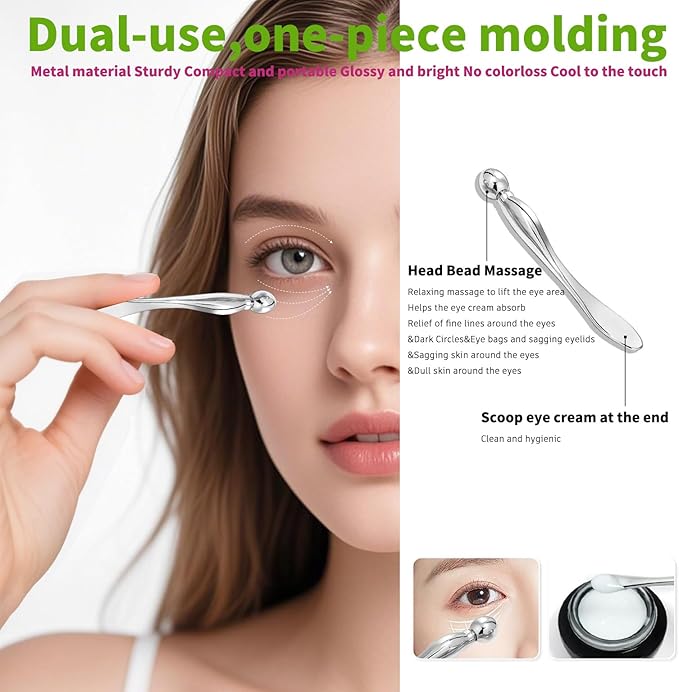 3-in-1 Stainless Steel Facial Massage Set, Face Roller, Gua Sha Tool, Eye Cream Applicator, Silver,Gifts for Women and Girl