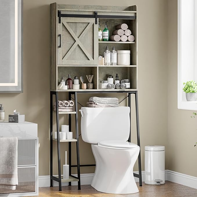 Vabches Over The Toilet Storage Cabinet, Farmhouse Storage Cabinet Over Toilet with Sliding Door & Toilet Paper Holder Stand, Home Space-Saving Toilet Rack for Bathroom, Restroom