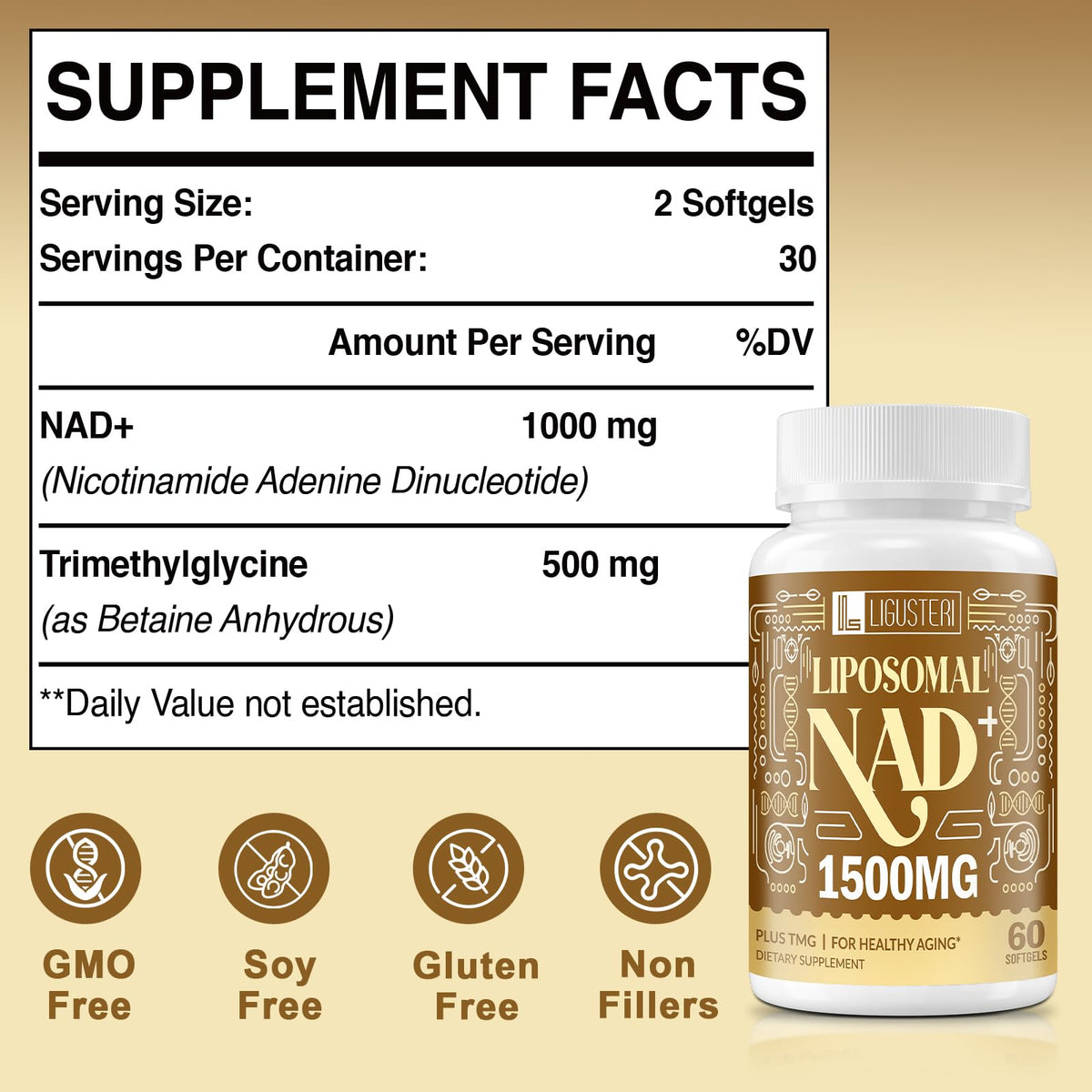 LIGUSTERI 1500 MG Liposomal NAD+, 98%+ Absorption, NAD+ Supplement for Women & Men with TMG, for Aging Defense, Cellular Energy, Heart & Brain Function, Longevity, 60 Softgels