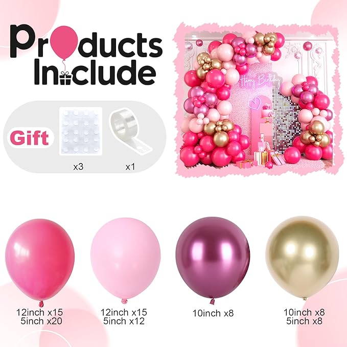 Pink Balloon Arch Garland Kit, Pastel Baby Hot Pink Balloons with Metallic Gold Latex Balloons for Girls Women Birthday Mother's Day Bridal Baby Shower Wedding Anniversary Princess Theme Decorations