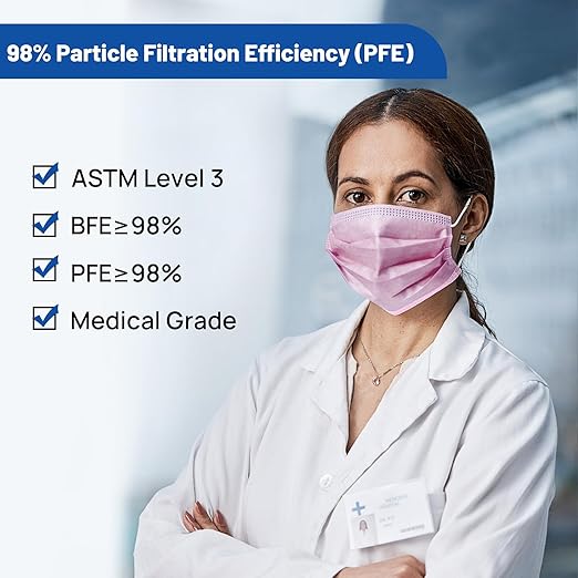 JMU 2000 Pcs Disposable Face Masks for Adults, 4-Ply ASTM Level 3 Medical Masks, Pink