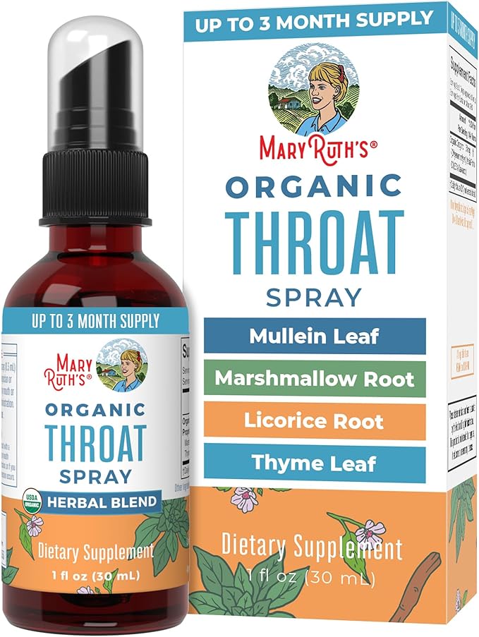 MaryRuth Organics USDA Organic Throat Spray with Mullein Leaf | Marshmallow Root & Licorice Root & Thyme Leaf | 4 Herbal Blend | Non-GMO | Vegan | Gluten Free | 1 Fl Oz | Up to 100 Servings