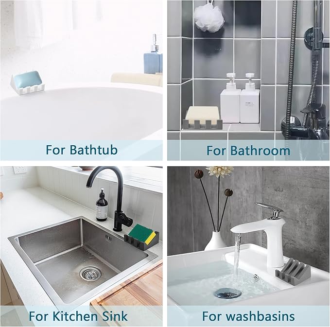 Self Draining Soap Dish,Silicone Suction Cup Soap Holder, Bathroom Soap Dish for Bar Soap,Can Extend Soap Life,Bathroom, Bath Tub, Kitchen Sink (4, Grey)