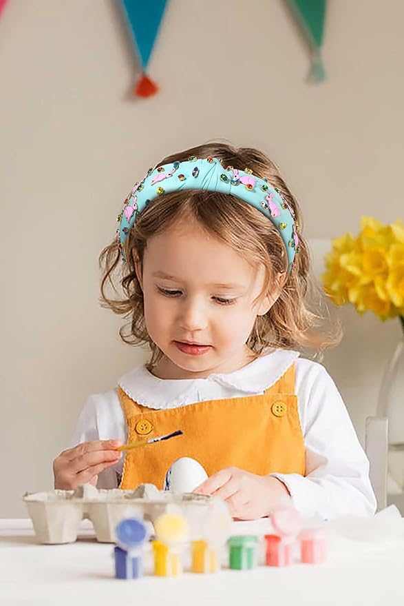 Easter Headbands for Women Girls Cute Easter Bunny Headband Jeweled Crystal Embellished Knotted Headband Holiday Party Hair Accessories (Bunny Blue)