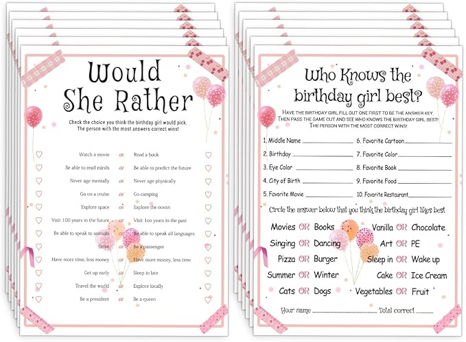 ALodr 20 Pcs Who Knows the Birthday Girl Best, Would She Rather Games for Girl Birthday Party, Funny Birthday Party Games, Double Sided, 5x7 Inches