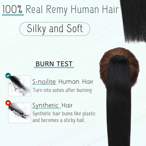S-noilite Claw Clip Ponytail Extension Human Hair #1 Jet Black Real Remy Human Hair Ponytail Extension 16inch Long Straight Hair Pony Tails Hair Extensions For Women 105Grams