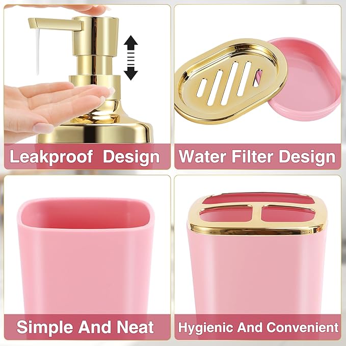 Pink Bathroom Accessories Set 8 Piece Pink and Gold Bathroom Set, Bathroom Sets with Stainless Steel Trash Can,Toilet Brush,Toothbrush Set,Soap Dispenser