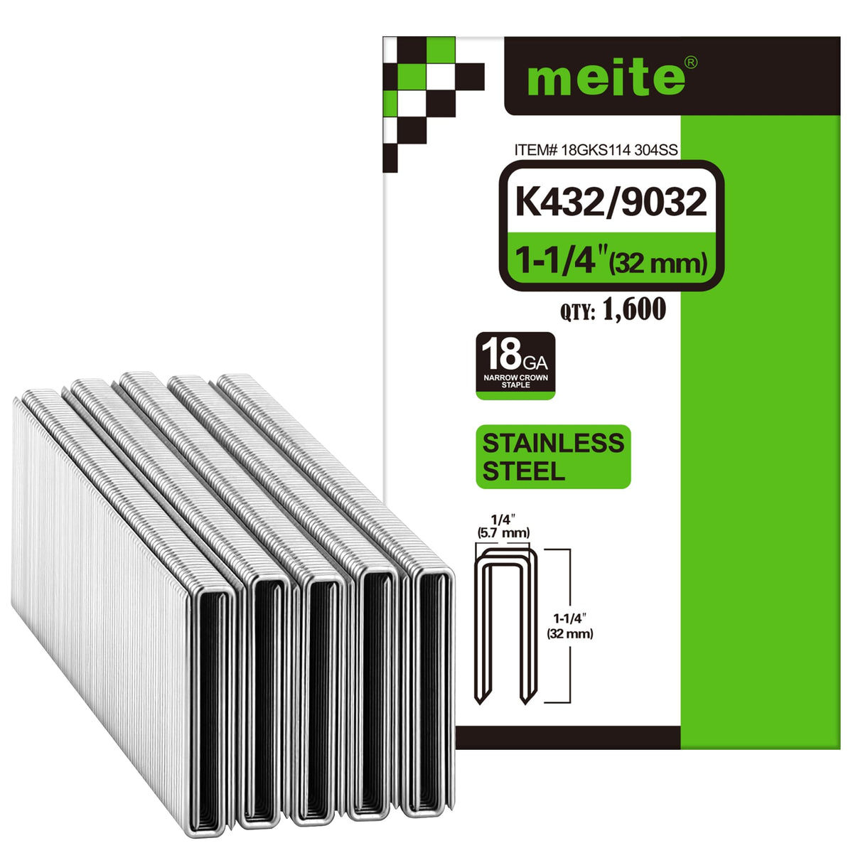 meite 18 Gauge 1/4-Inch Narrow Crown Staples, 1-1/4" Length 304 Stainless Steel Staples for Heavy Duty and Upholstery (1,600 Counts)