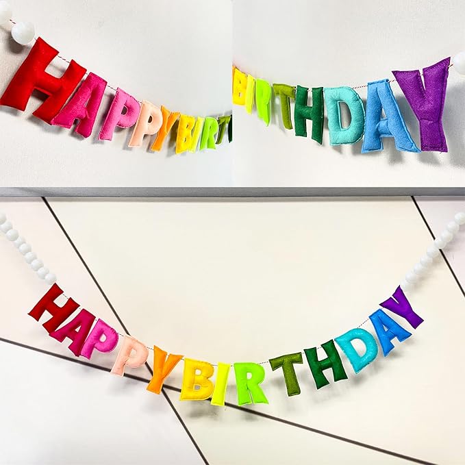 Pre-Strung Happy Birthday Banner - Felt Ball Garland - Happy Birthday Garland, Rainbow Party Decorations, Personalized Birthday Sign for Party Decor,Photo Prop (Birthday Banner Wearing White Balls)