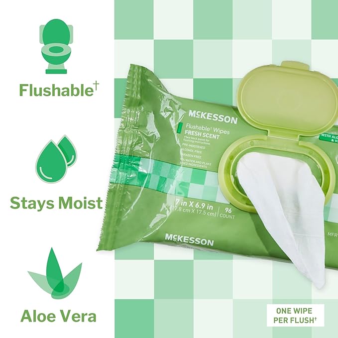 McKesson Flushable* Adult Wet Wipes – 576 Wipes (6 Pack of 96) – Aloe & Vitamin E, Plant-Based Cleansing Wipes, Scented