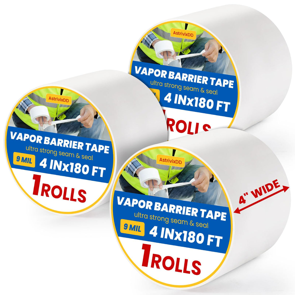 AstrivixDD 3 Rolls Vapor Barrier Tape, White Moisture Barrier Tape for Crawl Spaces, Polyethylene Tape for Underlayment, Waterproof Seam Tape for Insulation, Plastic Liners (4" x 180 ft Each Roll)