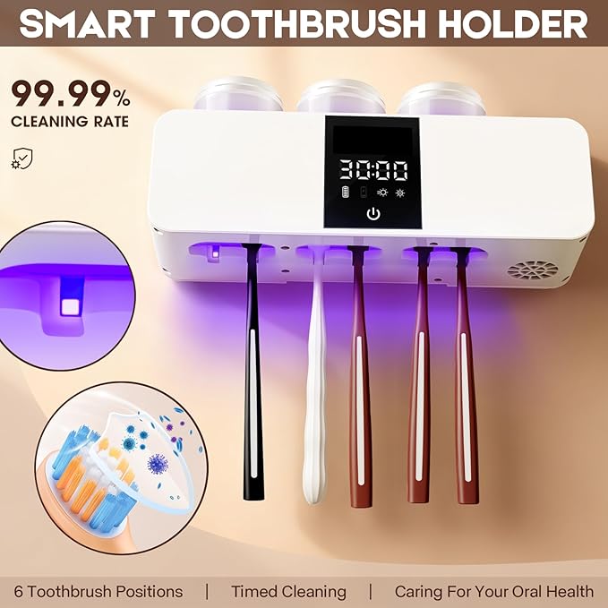 3 in 1 Toothbrush Cleaner Holders for Bathrooms,Wall Mounted Toothbrush Holders with Drying and Cleaning,Smart LED Screen,6 Toothbrush Slots,3 Cups and Toothpaste Dispenser (White)