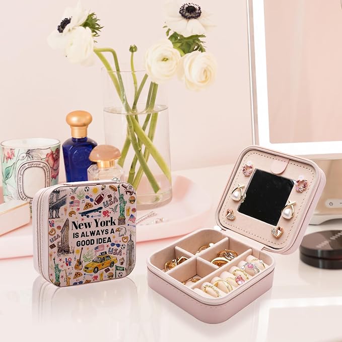 New York Travel Souvenirs Gift Jewelry Box, Welcome to New York City Themed Gifts for Traveller Women Friends, I Love NYC Travel Trip Favors Jewelry Case Organizer