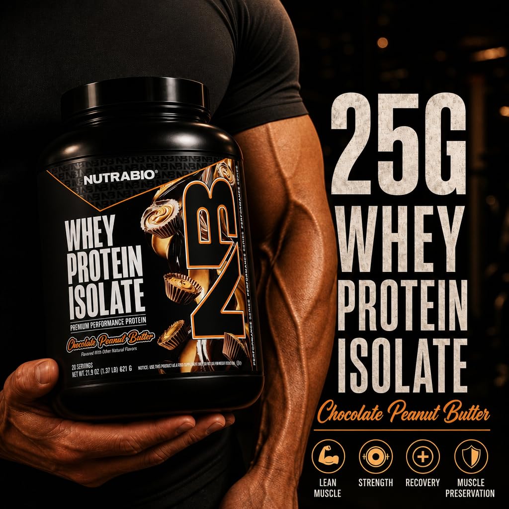 NutraBio 100% Whey Protein Isolate Protein Powder, 25g Protein with Complete Amino Acid Profile, Non-GMO, Soy & Gluten Free,Low Carb,Low Calorie Whey Protein Powder,Chocolate Peanut Butter,20 Servings