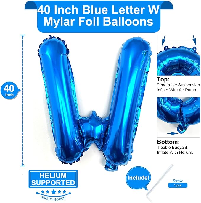 Lovoir 40 Inch Large Blue Letter W Balloons Big Size Jumbo Mylar Foil Helium Balloon for Birthday Party Celebration Decorations Alphabet Blue W