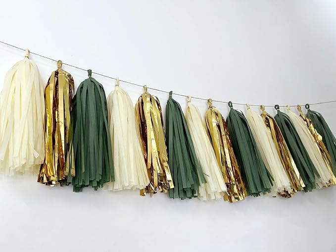 20Pcs Sage Green Gold Mylar Tassels Garland Tissue Paper Tassels Banner DIY Kit Teal Tassel Garland Teal Gold Birthday Party Decorations for Women Men Boys Girls, Party Supplies