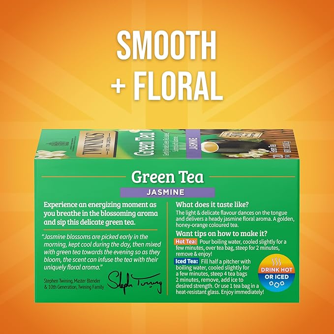 Twinings Green Tea with Jasmine Individually Wrapped Bags, 20 Count (Pack of 6), Fragrant Floral Scent, Caffeinated, Enjoy Hot or Iced, 120 Teabags
