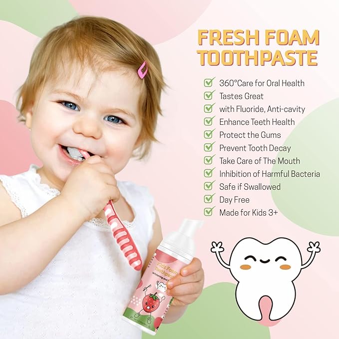 Foam Toothpaste Kids,Toddler Toothpaste with Low Fluoride & Natural Formula to Reduce Plaque, Kids Toothpaste for U Shaped Toothbrush for Children Ages 3 Plus (120 ML, Blueberry & Strawberry)