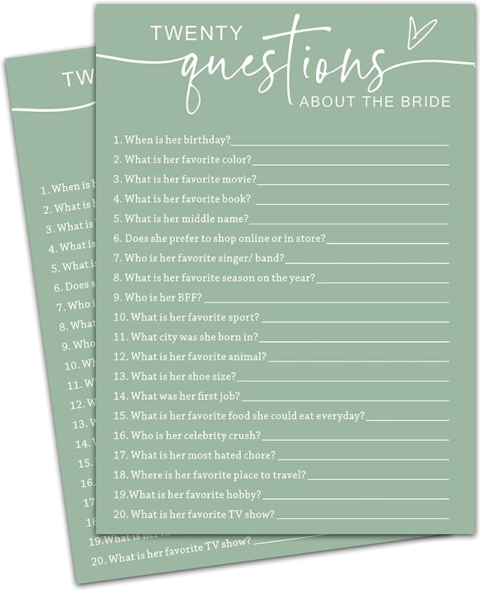 20 Questions About The Bride, Sea Green Bridal Shower Games, 30 Elegant Wedding Game for Bachelorette Engagement Party Reception Supplies - A07