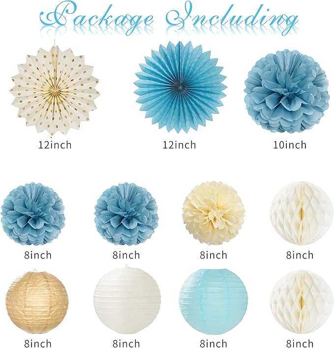 Holkcog Happy Engagement Party Decorations Kit, Glitter Engagement Party Banner for Congratulations, Blue Gold Engaged Wedding Shower Paper Fan, Paper Flower Ball, Heart Banner, Hanging Swirls, Supply