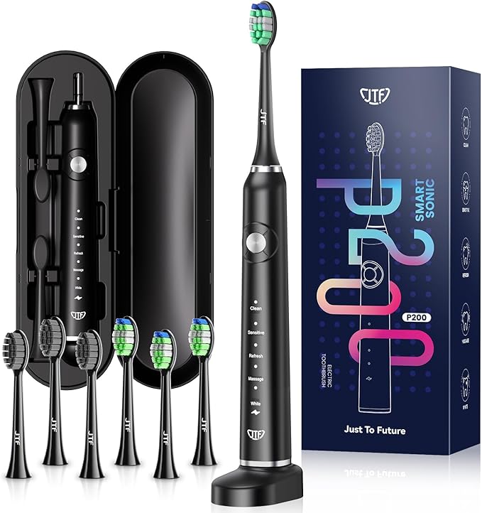 JTF Sonic Electric Toothbrush for Adults - Teeth Whitening Toothbrush with 6 Brush Heads and a Travel Case, Fast Charging for 60 Days Use Waterproof Toothbrushes, Black