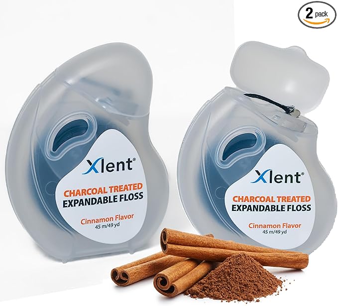 Xlent Expandable Floss Treated Activated Charcoal, Xylitol Natural Plant Based Wax in Cinnamonflavor, Pack of 2 (Blister Card)