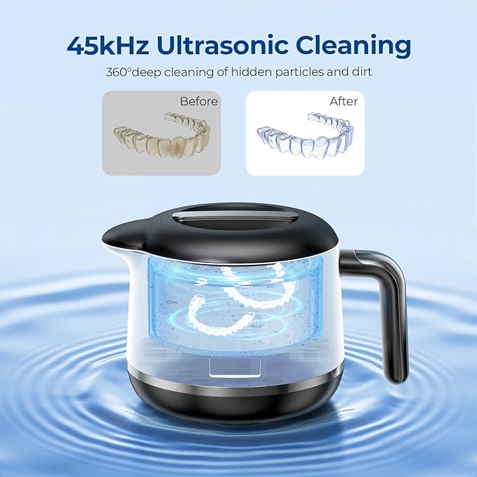 Ultrasonic Retainer Cleaner Machine - 45kHz Ultrasonic Cleaner - 200ML Mouth Guard & Denture Cleaner Pod & Jewelry - 5 Modes with Digital Timer - Upgrade Water Bottle Design