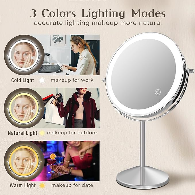 Ysenchan Lighted Makeup Mirror, 8'' Rechargable LED Vanity Magnifying Mirror, Double Sided 5X Manification Mirror with Stand, Cosmetic Standing Desk