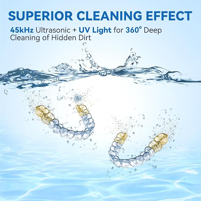 Dental Ultrasonic Retainer Cleaner Machine - 45kHz Dental Cleaning Pod, Mouth Guard, Aligner, Night Guard, Braces, Jewelry with 200ML Capacity, 4 Modes for All Denture Appliances
