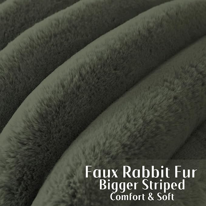 FUTEI Olive Green Decorative Throw Pillow Covers 26x26 Inch Set of 2, Square Soft Faux Rabbit Fur Big Striped Pillow Sham,Home Decor for Couch Sofa Bed Living Room