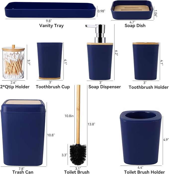 Bathroom Accessories Set, 9 Piece Navy Blue Bathroom Accessory Set with Trash Can,Toothbrush Holder,Toothbrush Cup,Lotion Soap Dispenser,Vanity Tray,Soap Dish,Toilet Brush,Qtip Holder