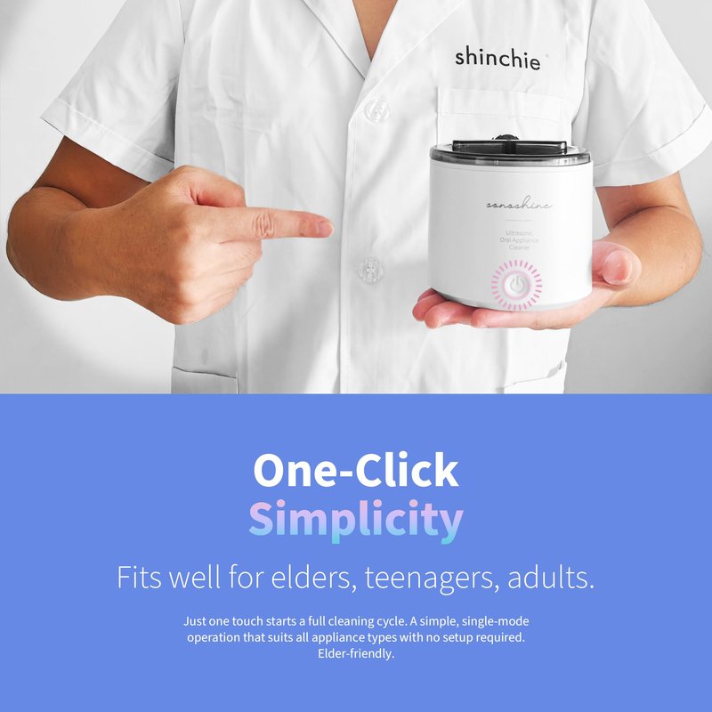 Shinchie Ultrasonic Retainer Cleaner – Auto-Adjust 39-48kHz Sonic Retainer Cleaner Machine for Aligner, NightGuard, Mouth Guard, Denture & More | Easy & Quiet