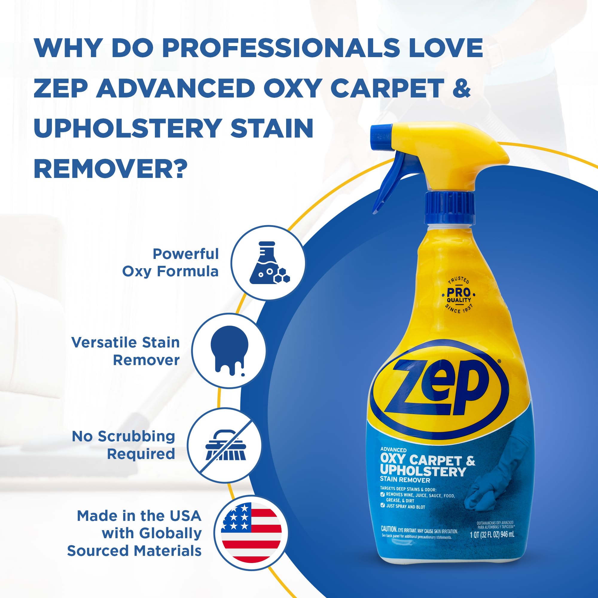Zep ZUOXSR32 Advanced Oxy Carpet and Upholstery Stain Remover 32 Fl Oz, Pack of 1