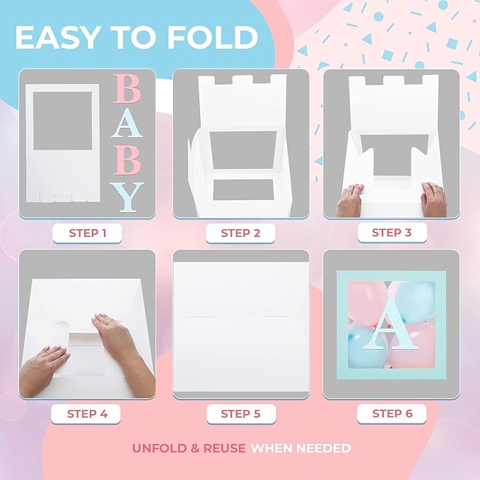 Baby Shower Boxes with Letters – Pink And Blue Boxes with Pink & Blue Balloons – 44-Piece Gender Reveal & Party Decoration Set by Vellax