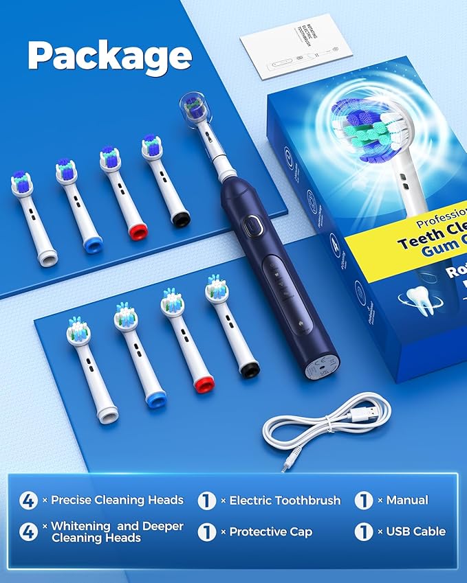 TEETHEORY Rotating Electric Toothbrush for Adults with 8 Brush Heads (2 Types), 4 Modes Deep Clean Electric Toothbrush with Rechargeable Power and 2 Min Smart Timer (4-Dark Blue, p1)