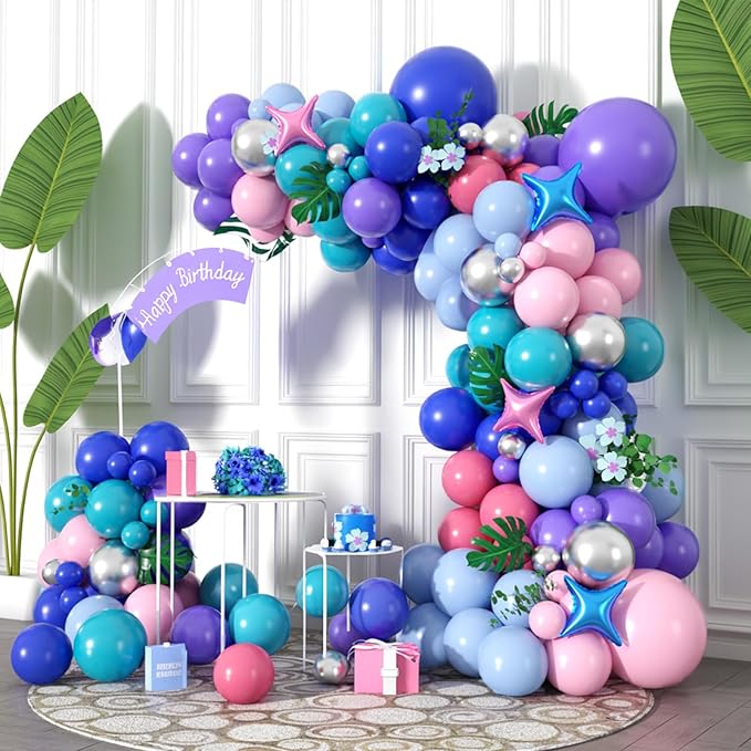 FunHot Blue Pink Purple Balloon Arch Garland Kit with Purple Metallic Silver Royal Blue Retro Pink 4-Point Star Foil Balloons for Baby Shower Wedding Tropical Theme Kids Birthday Party Decorations